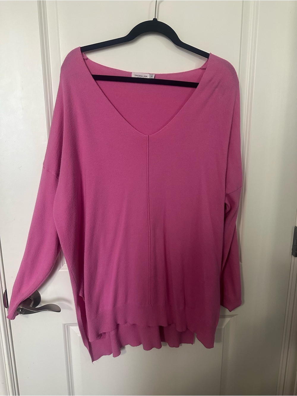 Chic Soul V-Neck Oversized Sweater in Bright Pink